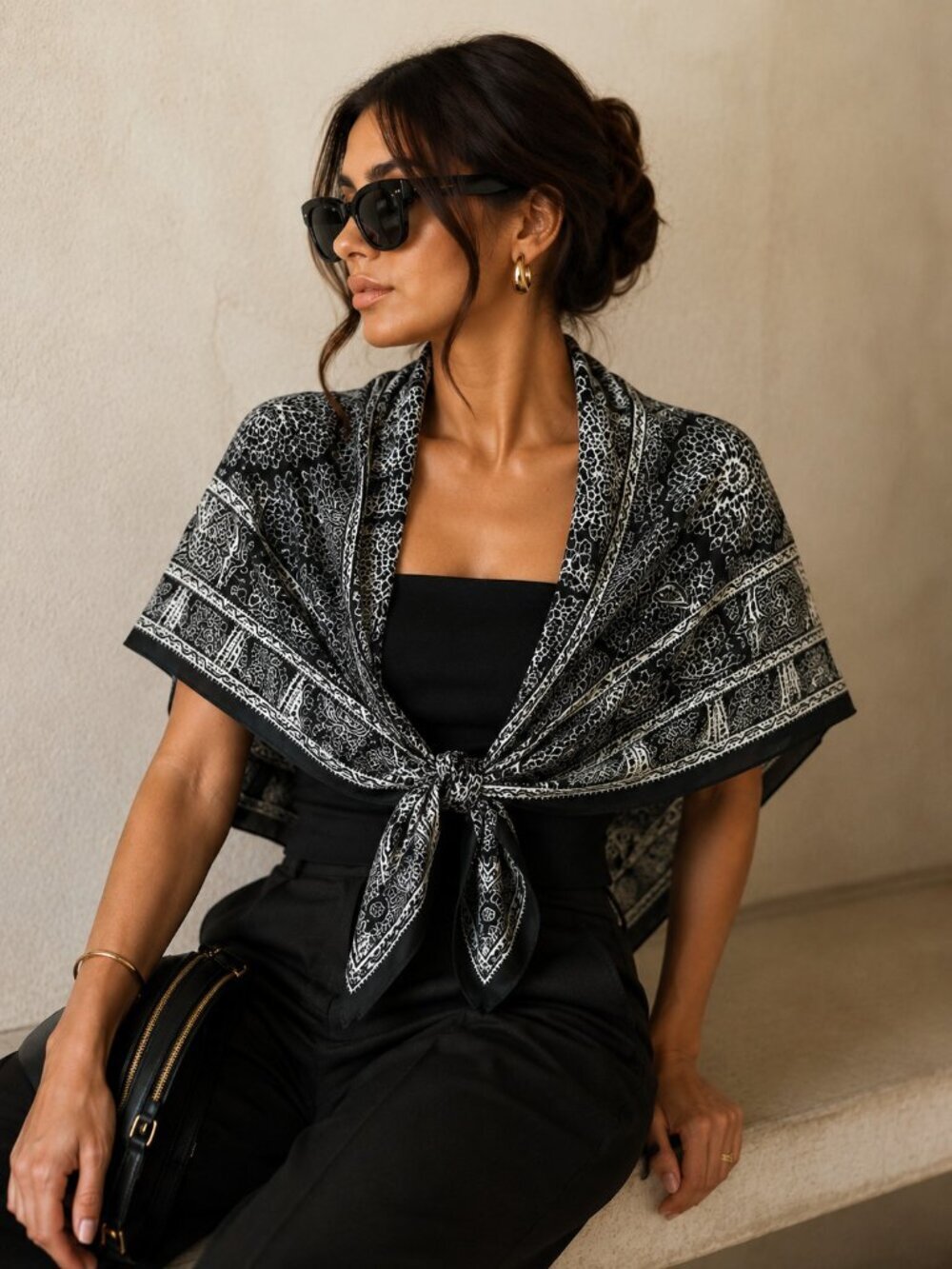 Black White Paisley Silk Blend Scarf Hand Rolled Edge Square Bandana Neck Hair